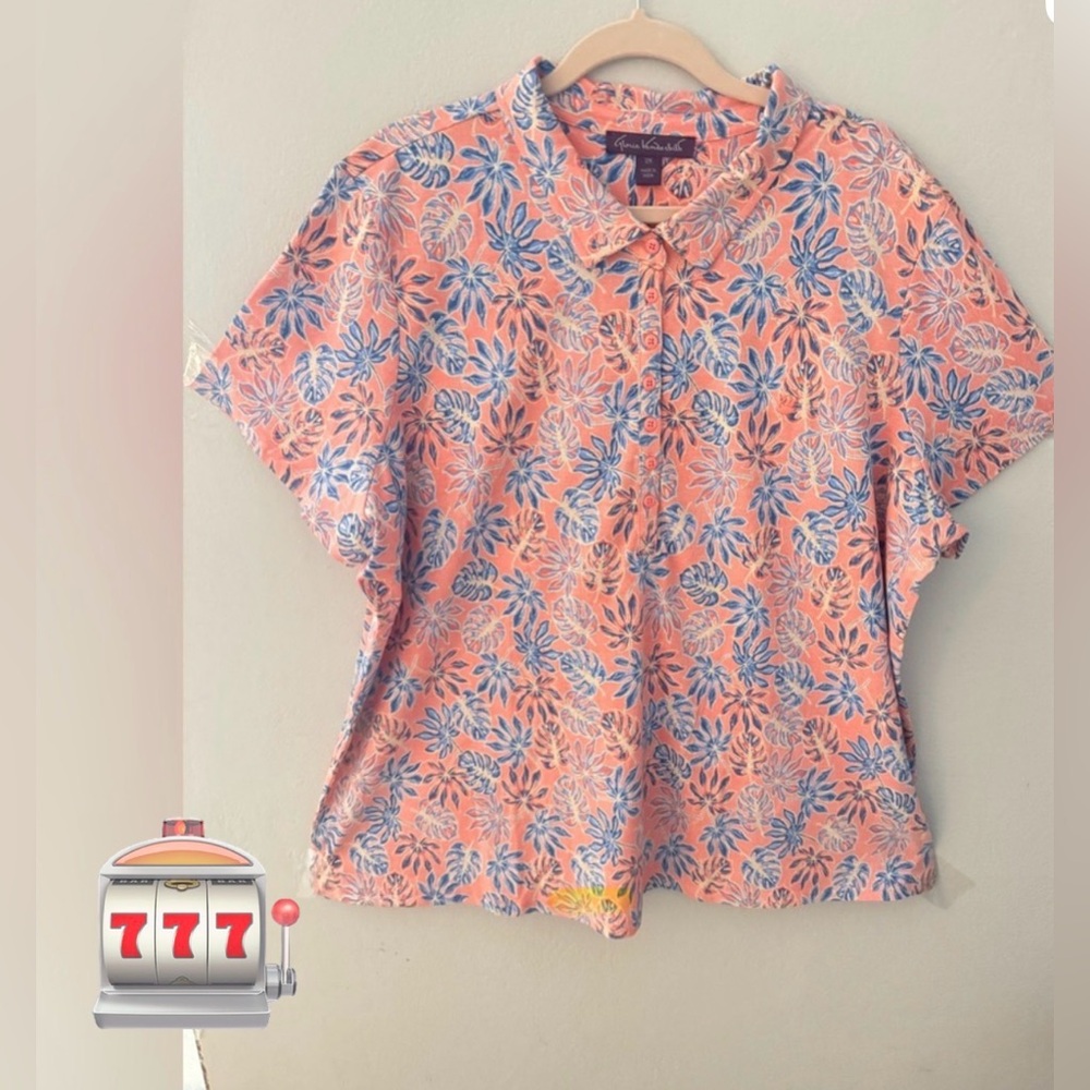 Gloria Vanderbilt blouse in coral and blue tones size 2x with buttons B-3